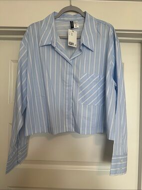 Divided Light Blue White Striped Crop Button-Up Top